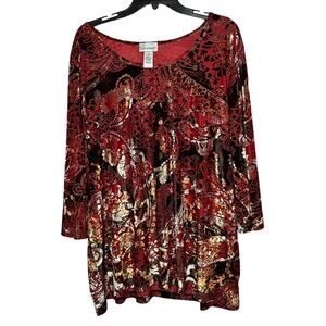 Catherine's Red Autumn Paisley Floral Velvet Burnout Trendy Top Size 22/24W Plus